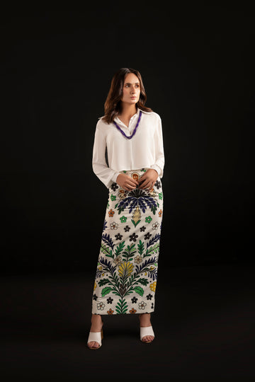 Azure – Ash White Printed Silk Shirt & Skirt Set