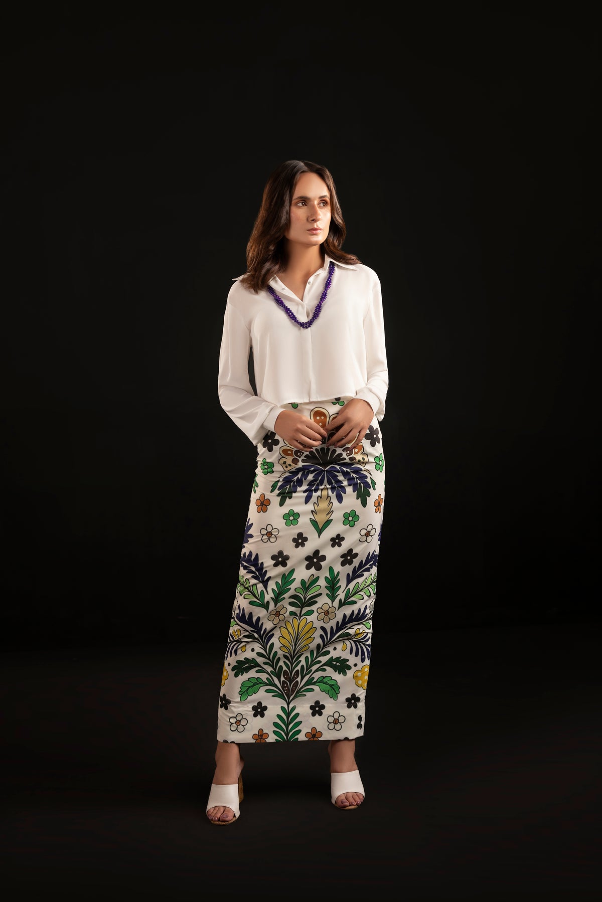 Azure – Ash White Printed Silk Shirt & Skirt Set