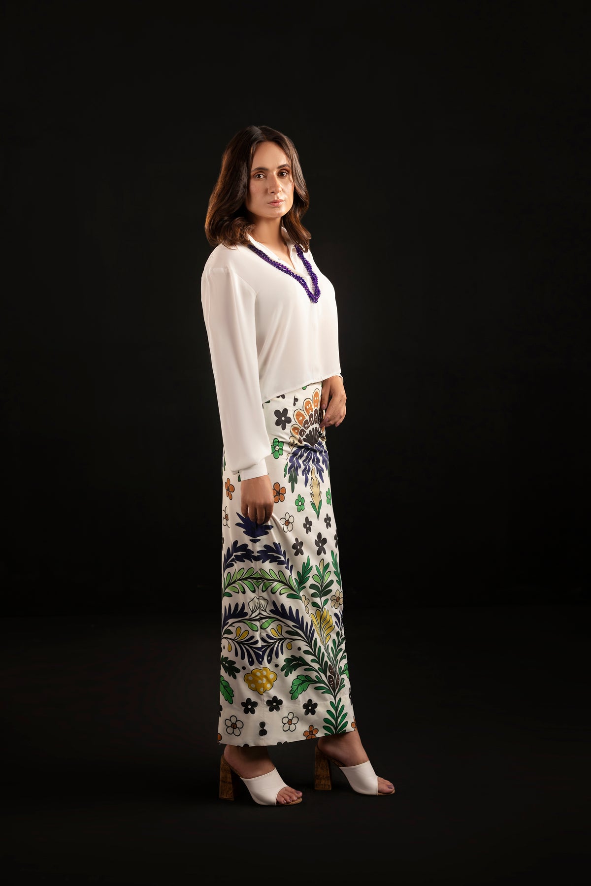 Azure – Ash White Printed Silk Shirt & Skirt Set
