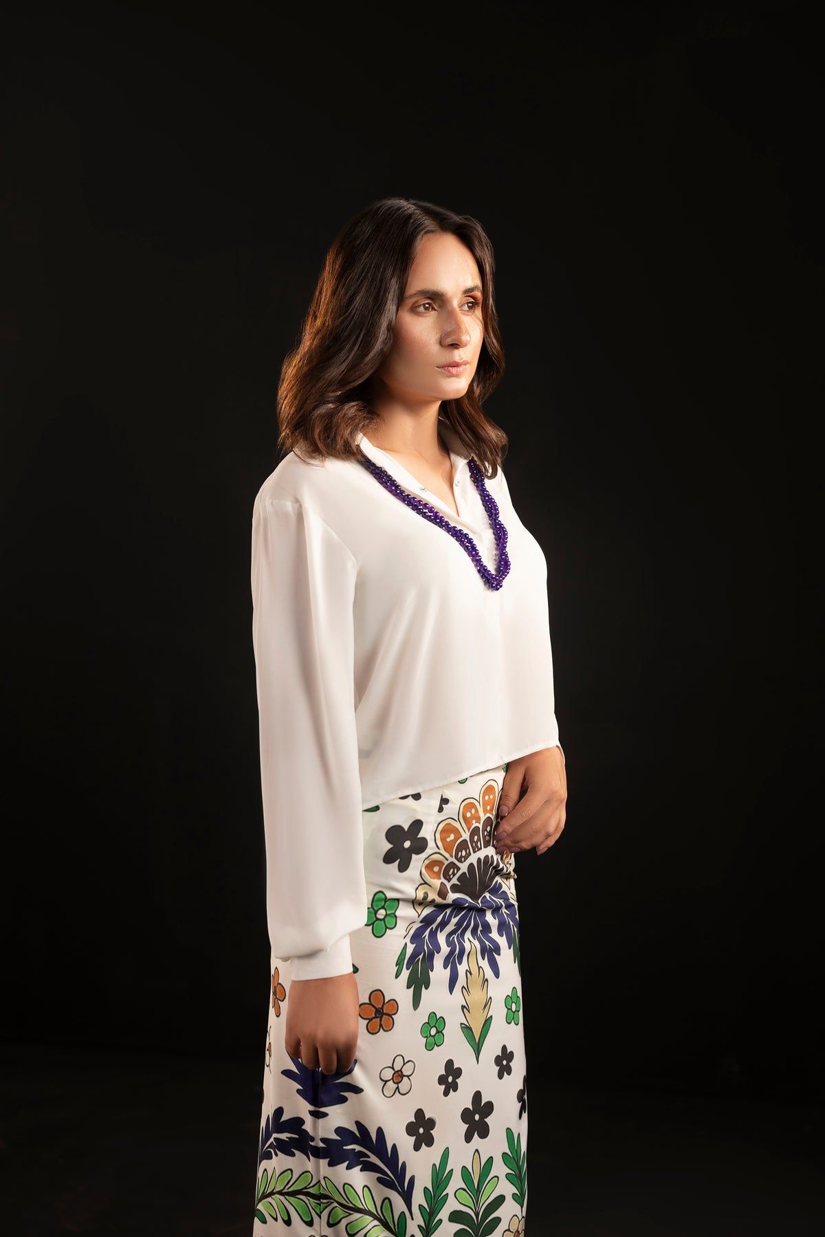 Azure – Ash White Printed Silk Shirt & Skirt Set