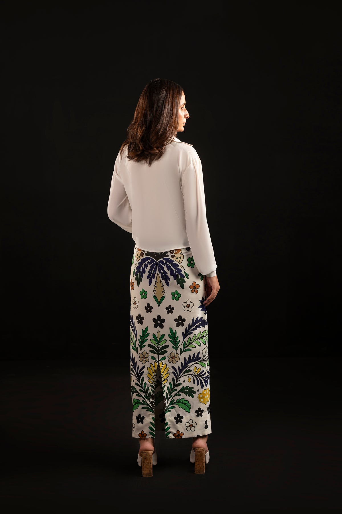Azure – Ash White Printed Silk Shirt & Skirt Set