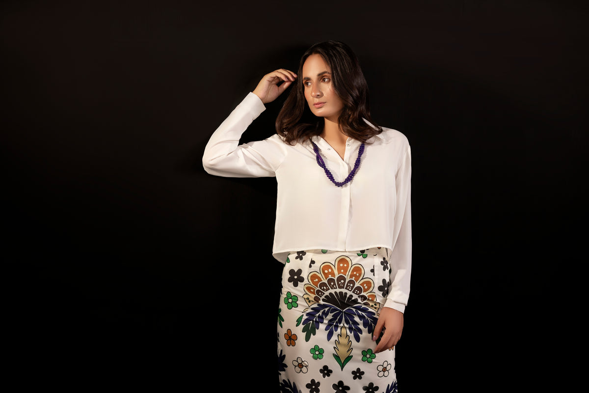 Azure – Ash White Printed Silk Shirt & Skirt Set