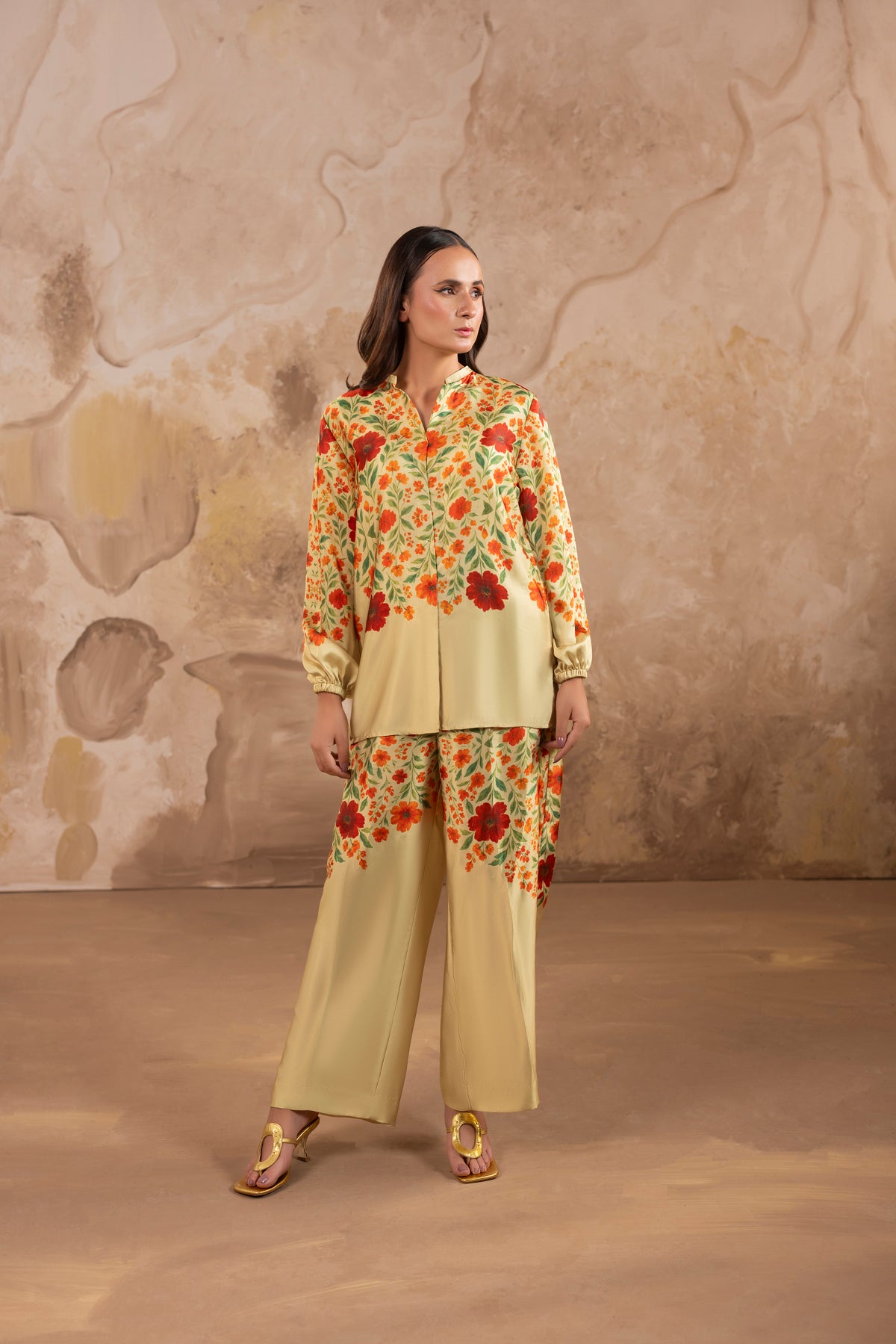Petunia – Pale Gold Printed Silk Co-Ord Set
