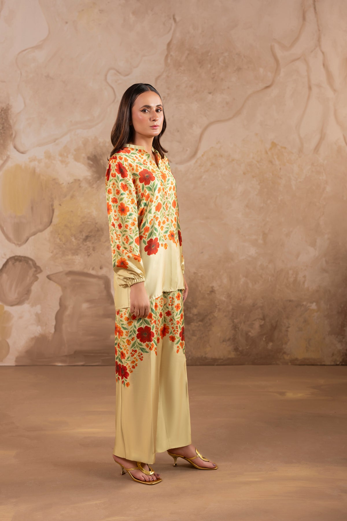 Petunia – Pale Gold Printed Silk Co-Ord Set
