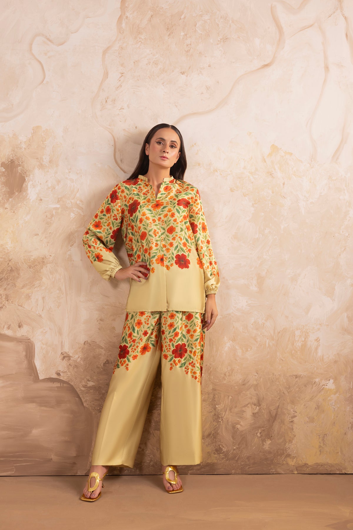 Petunia – Pale Gold Printed Silk Co-Ord Set