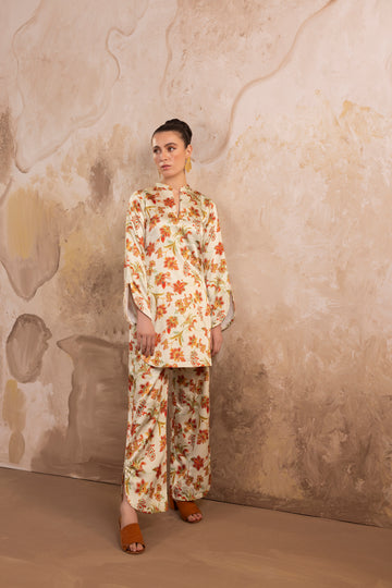 Daisy – Ivory Floral Printed Silk 2-Piece Suit