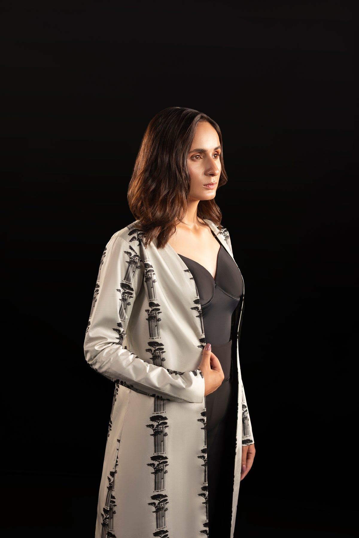Matrix – Ivory & Black Printed Silk Long Jacket
