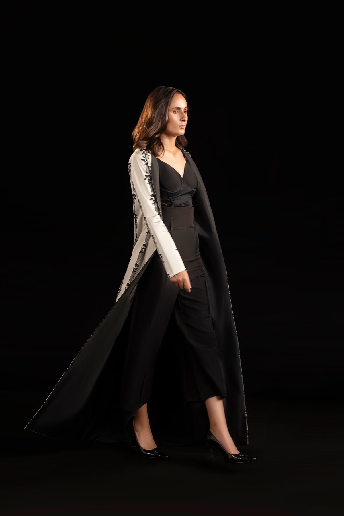 Matrix – Ivory & Black Printed Silk Long Jacket