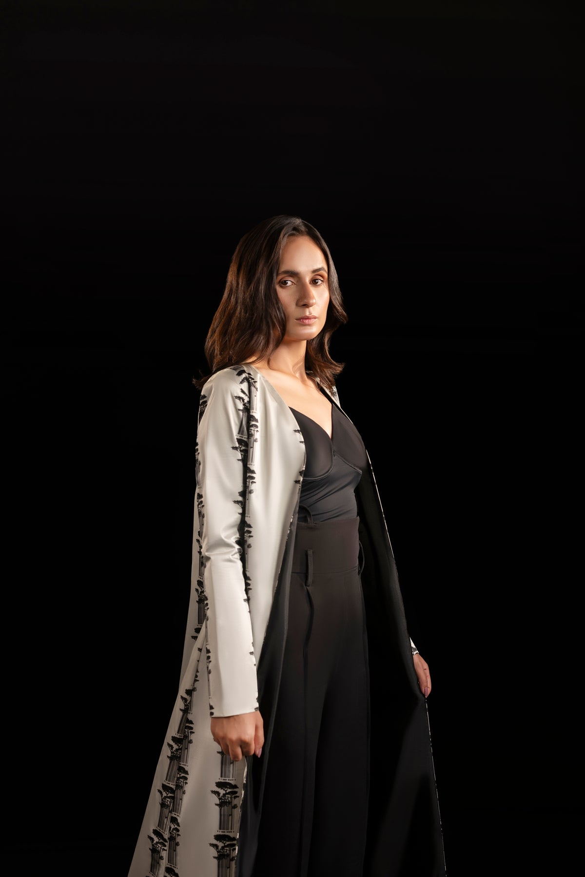 Matrix – Ivory & Black Printed Silk Long Jacket