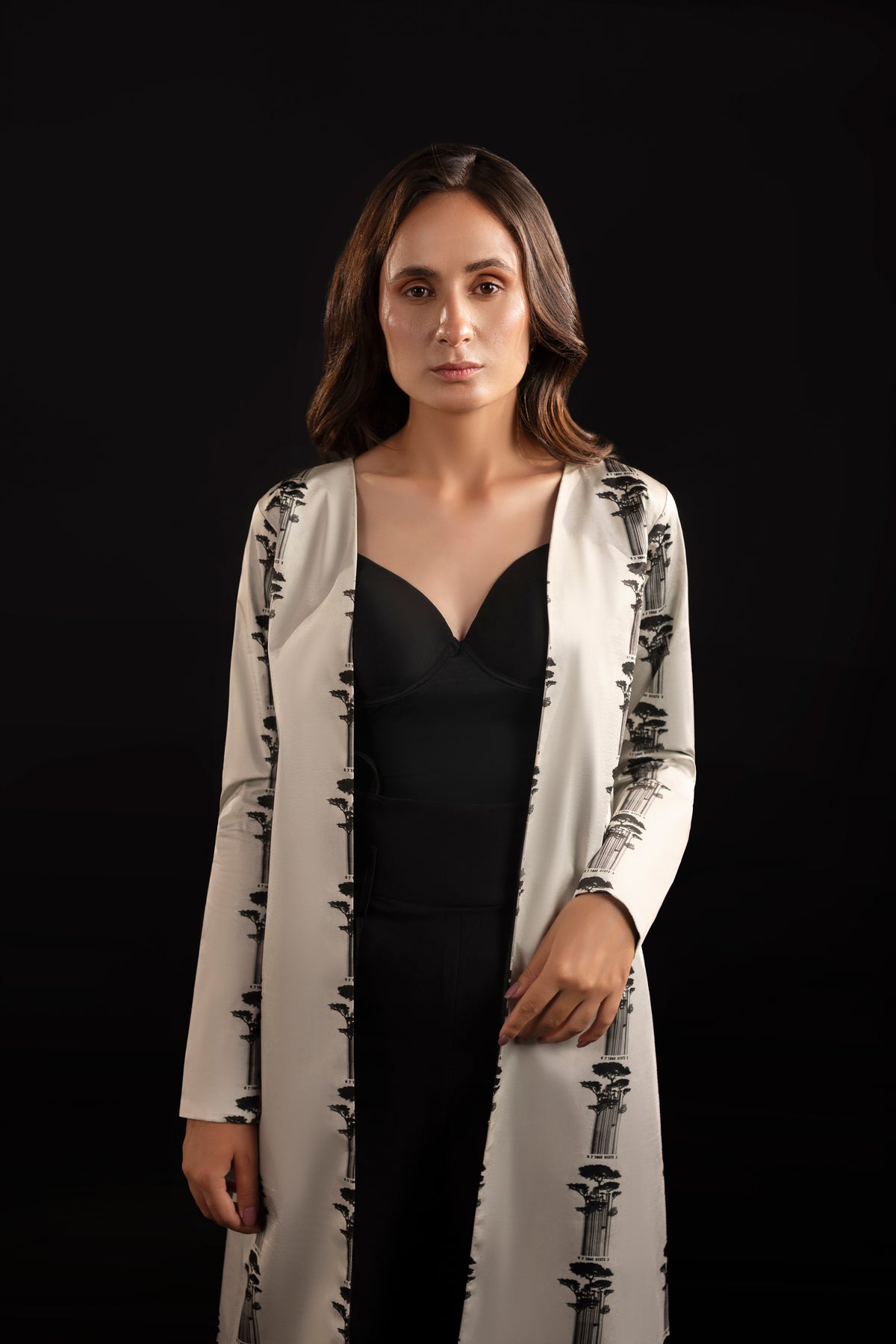 Matrix – Ivory & Black Printed Silk Long Jacket