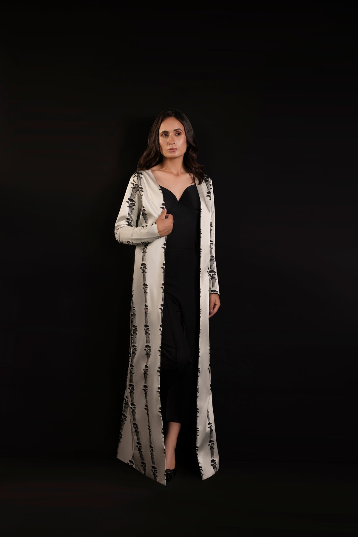 Matrix – Ivory & Black Printed Silk Long Jacket