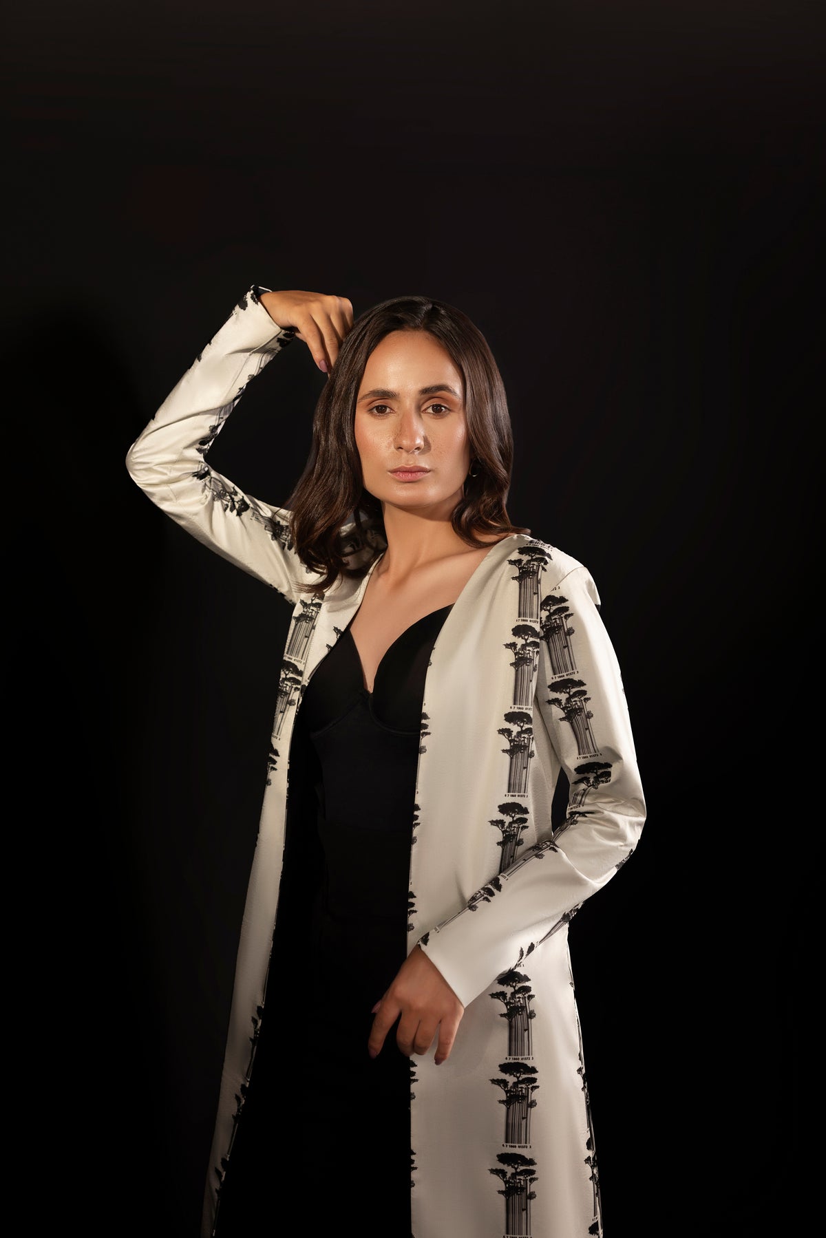 Matrix – Ivory & Black Printed Silk Long Jacket